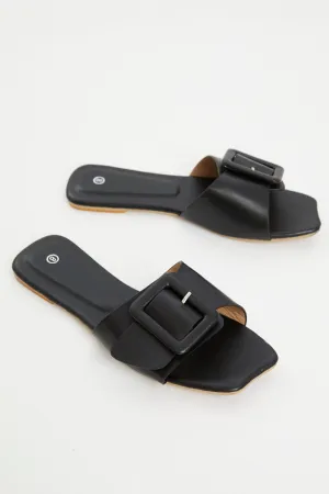 Black Buckle Detail Flat Slides