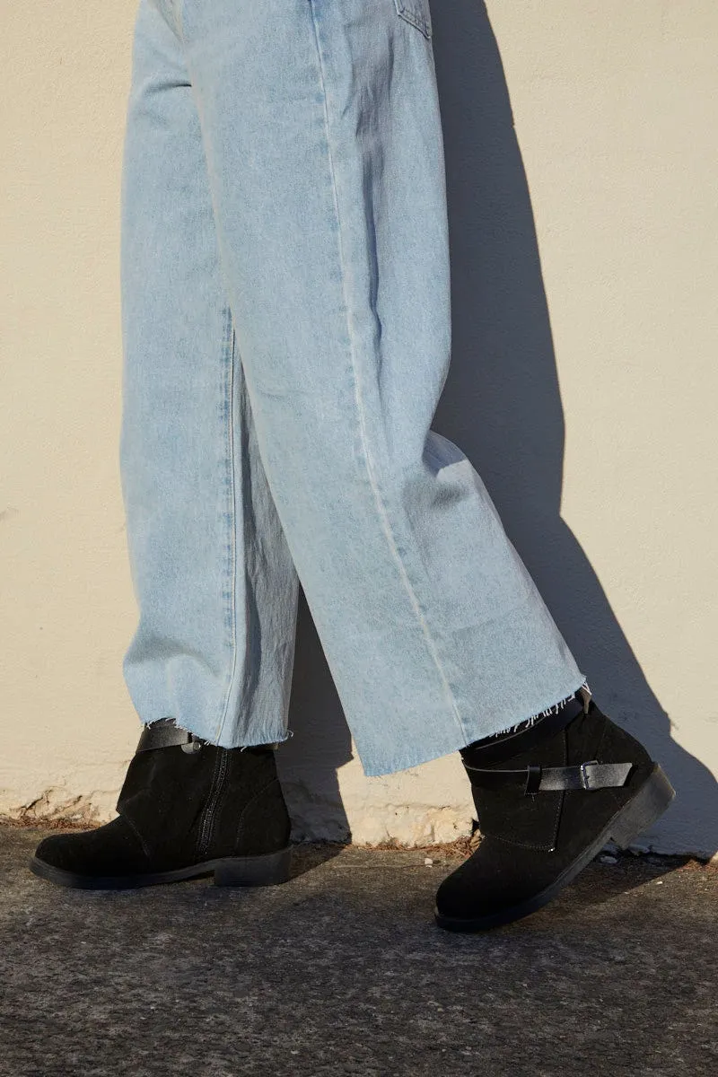 Black Buckle Detail Slouch Boots