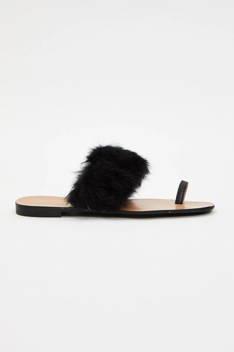 Black Faux Fur Flat Slides