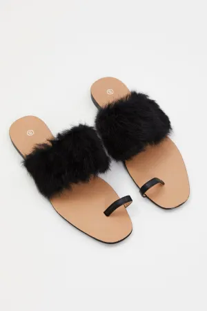 Black Faux Fur Flat Slides