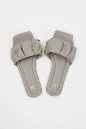 Grey Faux Leather Ruched Flat Slides