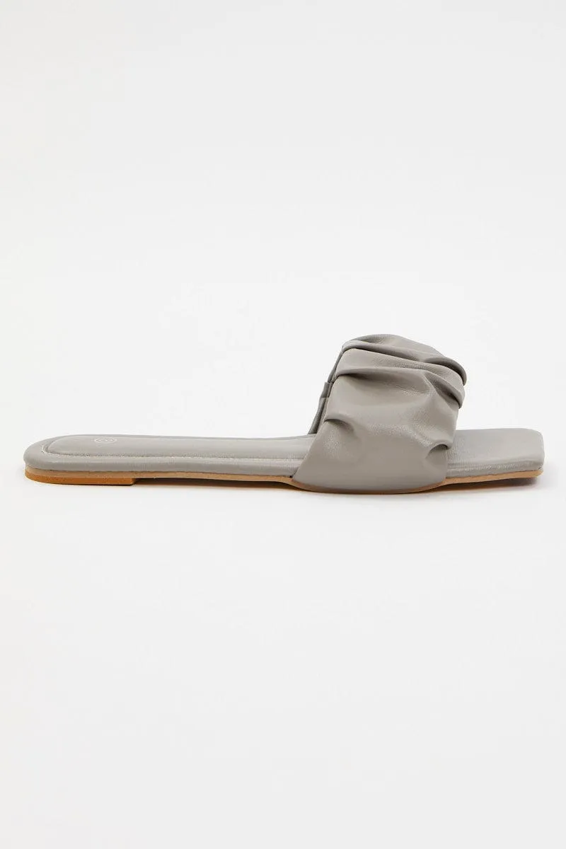 Grey Faux Leather Ruched Flat Slides