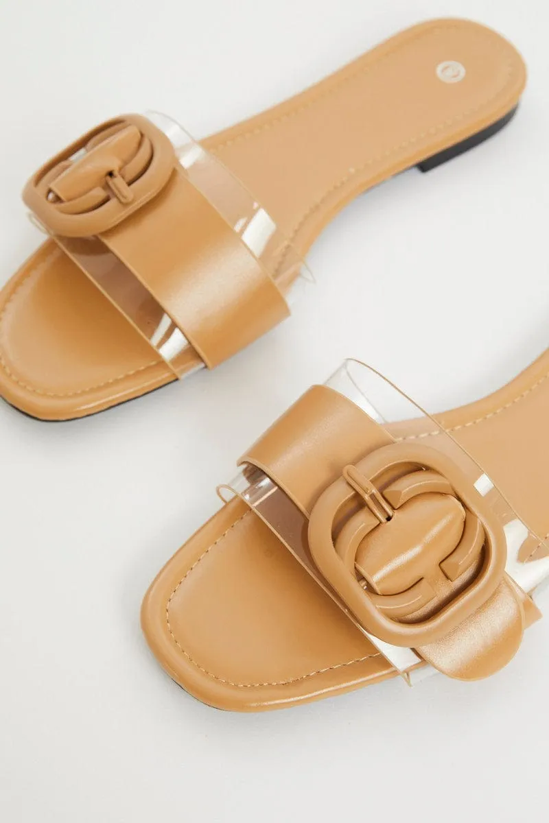 Yellow Buckle Detail Flat Slides
