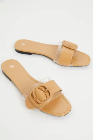 Yellow Buckle Detail Flat Slides